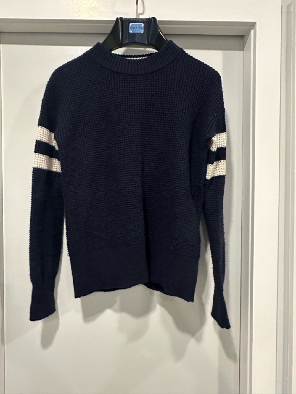 Faherty Navy Crewneck Sweater with Cream Stripe Sleeves